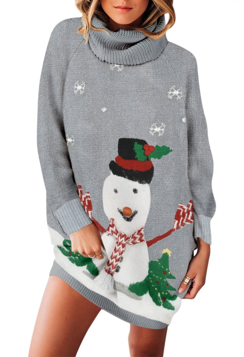 Pink Queen Women Ugly Christmas Sweater Dress Turtleneck Knitted Long Sleeve Keen Length Sweater Dress with Pockets Light Gray S - Image 2